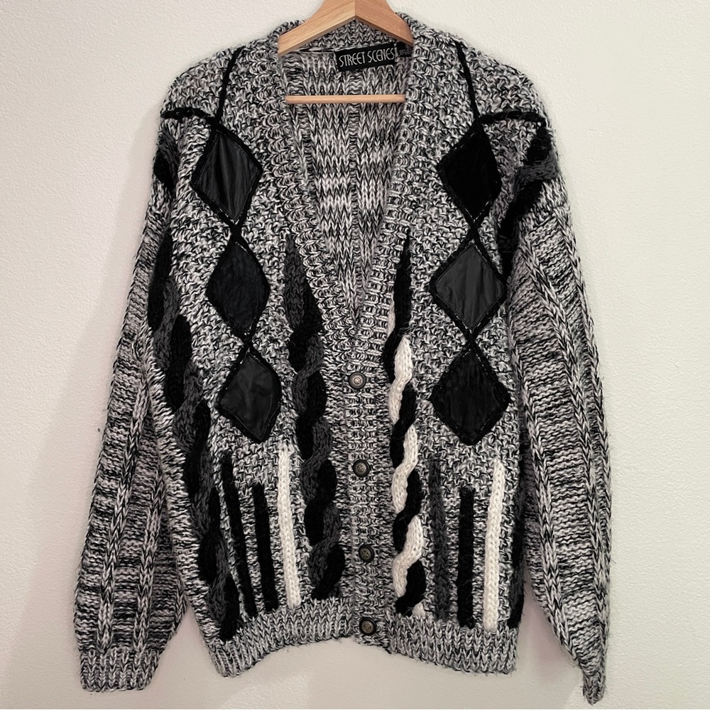 Vintage 80s Street Scenes Chunky Knit Leather Patches Cardigan - Black & White